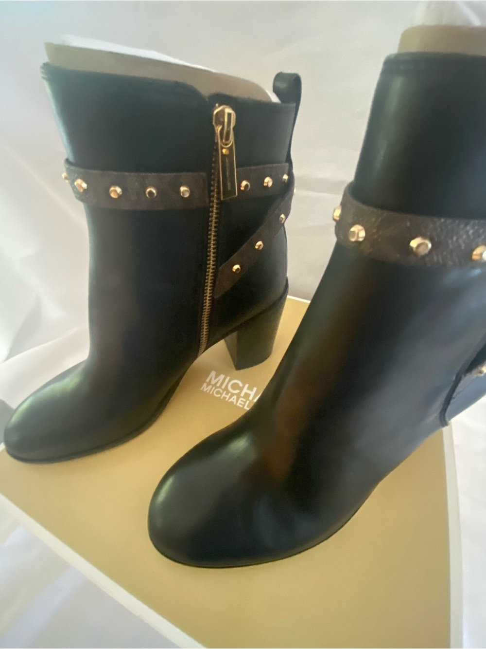 MICHAEL Michael Kors Black Leather Studded Ankle Booties with Gold Hardware - Picture 8 of 13